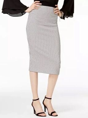 EUC Alfani Womens Black White Houndstooth Scuba Pencil Midi Skirt Stretch Size L
